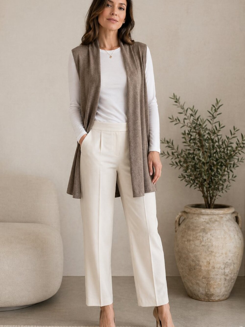 Joan Vass Cashmere Blend Sleeveless Cardigan Vest Neutral Open Front Layering